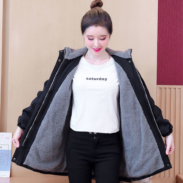 加绒牛仔棉衣外套女中长款2023韩版秋冬加厚仿羊羔毛连帽保暖棉服