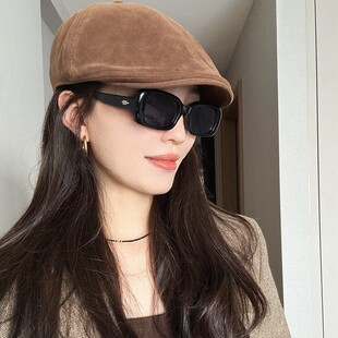24秋冬复古时髦咖色前进帽高级感修脸贝雷帽英伦画家帽男女款帽子