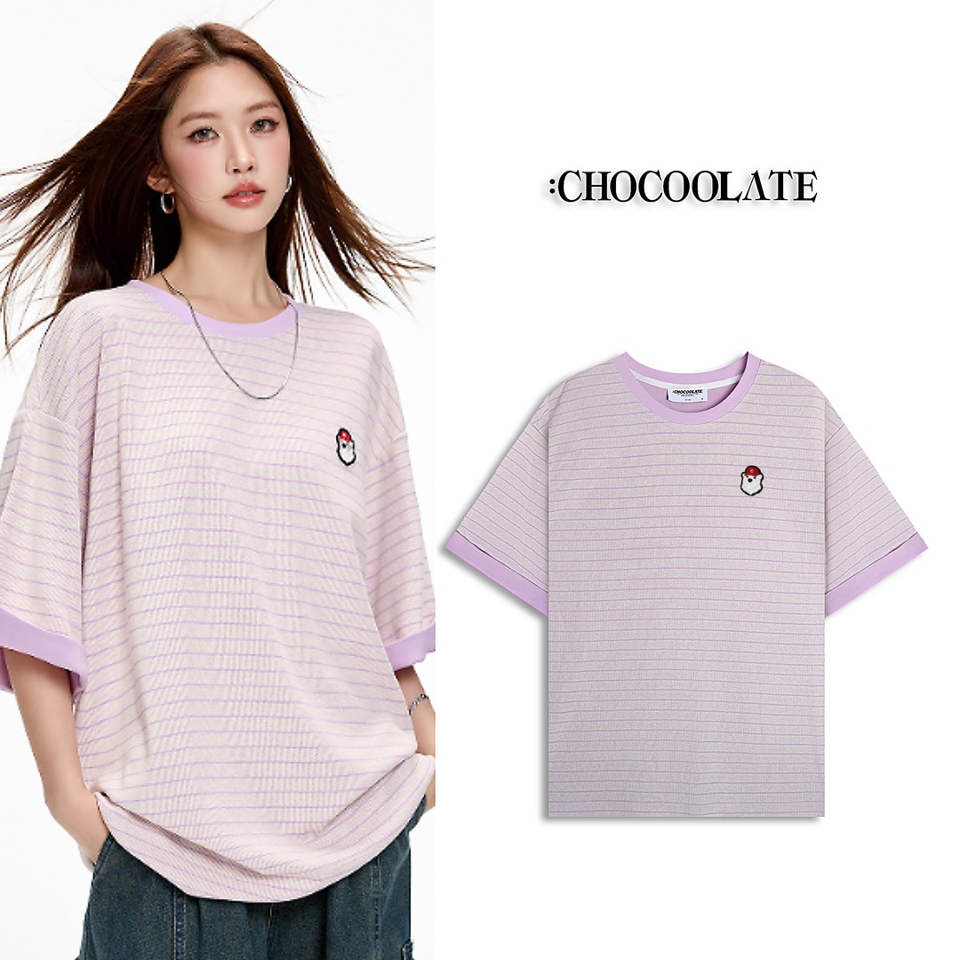 韩国进口it:CHOCOOLATE双色条纹圆领短袖T恤6161-1220236