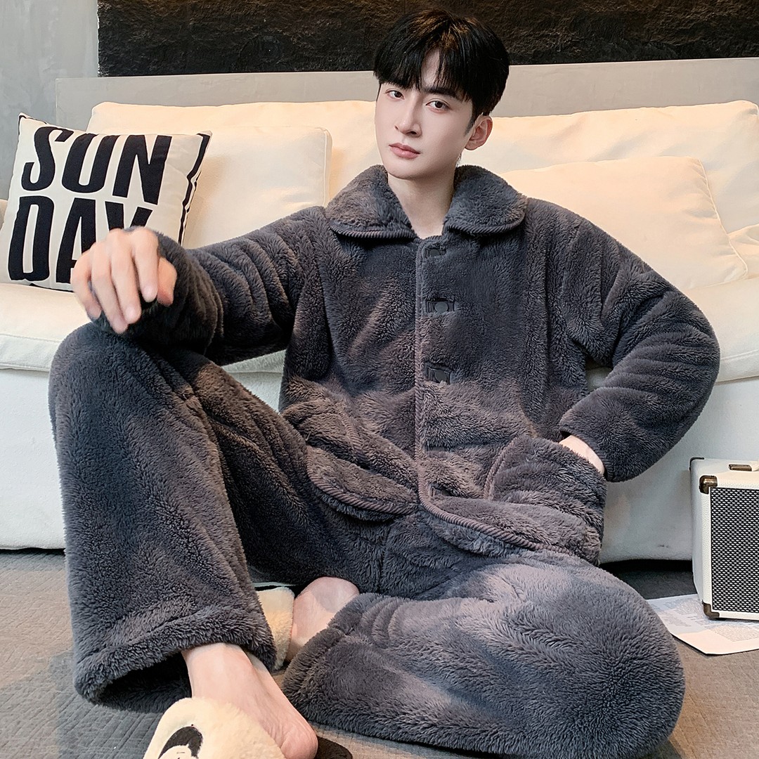 蓄热保暖 雪花绒秋冬家居服睡衣套装可外穿男加绒加厚男生睡衣