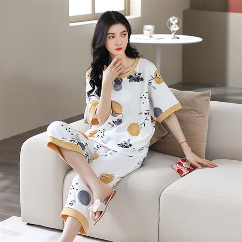 萌乐睡衣纯棉100%棉短袖七分裤2023新款睡衣女春秋纯棉短袖家居服