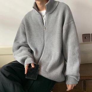 半高领拉链开衫毛衣男款春秋季慵懒风针织衫宽松休闲立领线衣外套