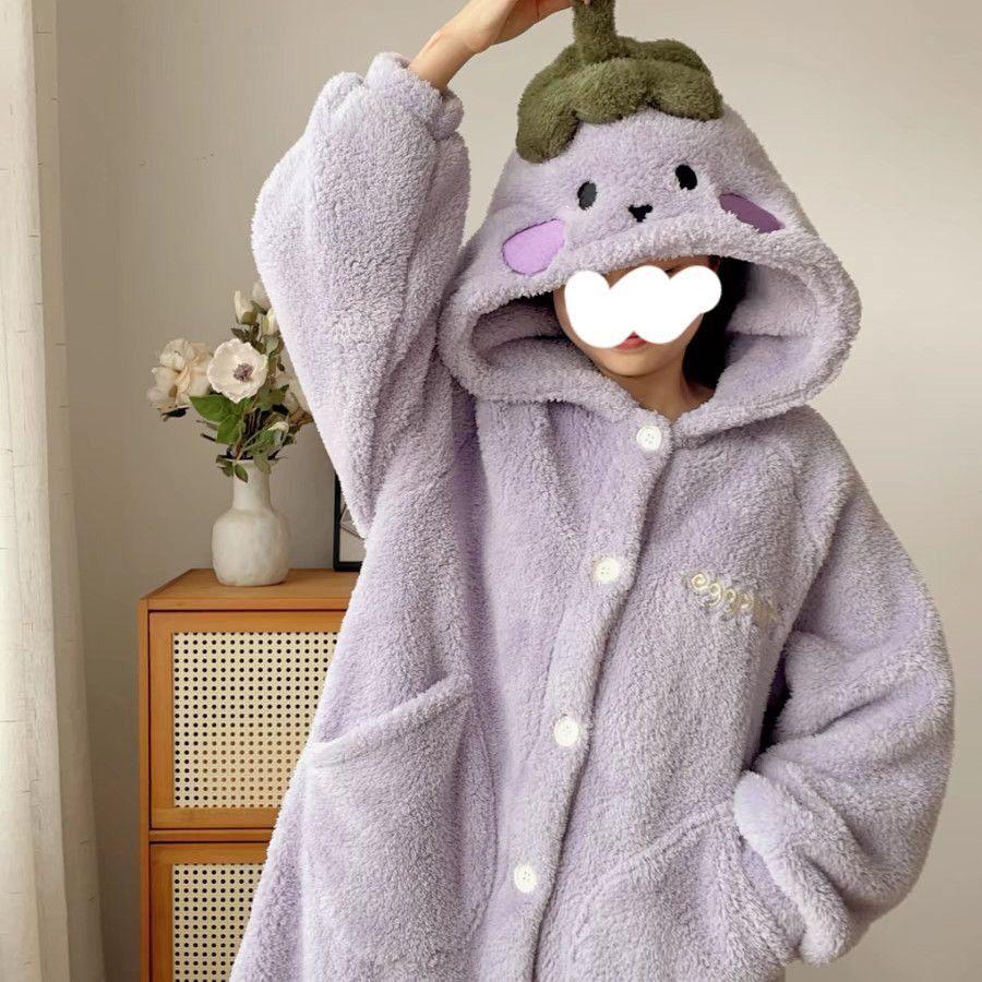 韩版可爱茄子珊瑚绒睡衣女款春秋2025加厚保暖连帽睡袍家居服套装