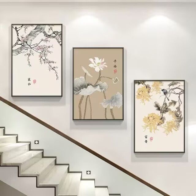 中式墙面间三联画沙发复式背景墙花鸟装饰画客厅壁画挂画楼梯图片