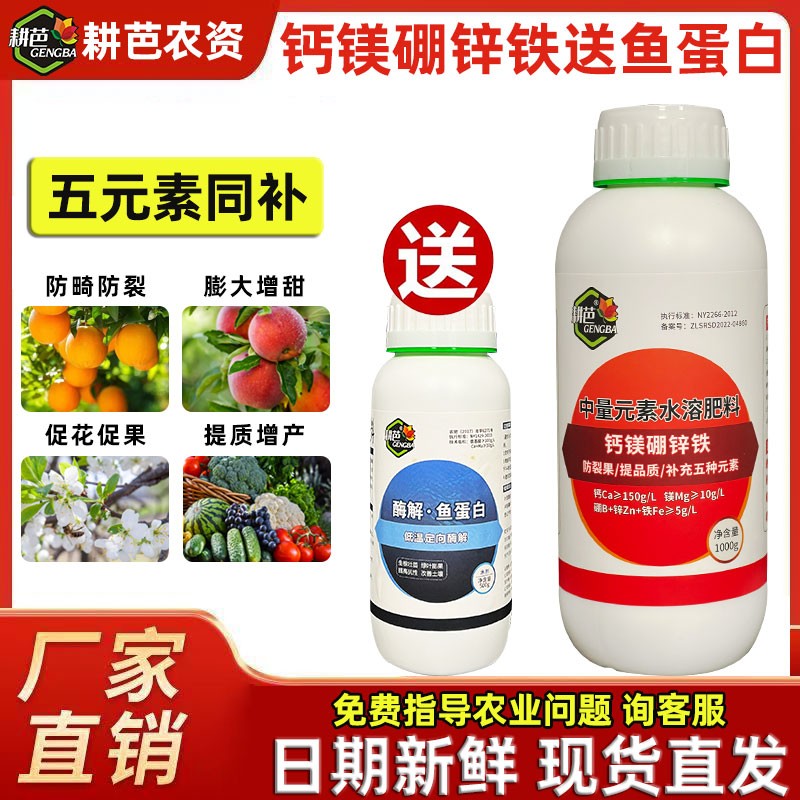 耕芭钙镁硼锌铁买一送一钙镁硼锌铁送鱼蛋白水溶肥厂家直销膨大果