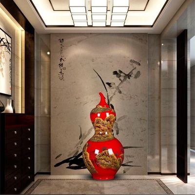 景德镇陶瓷器中国红色葫芦瓶落地大花瓶客厅装饰摆件大号开业礼品