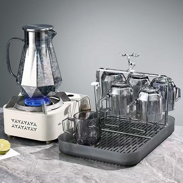 新【带杯托杯架】冷水壶钻石水壶玻璃水杯家用套装客厅凉水壶耐高