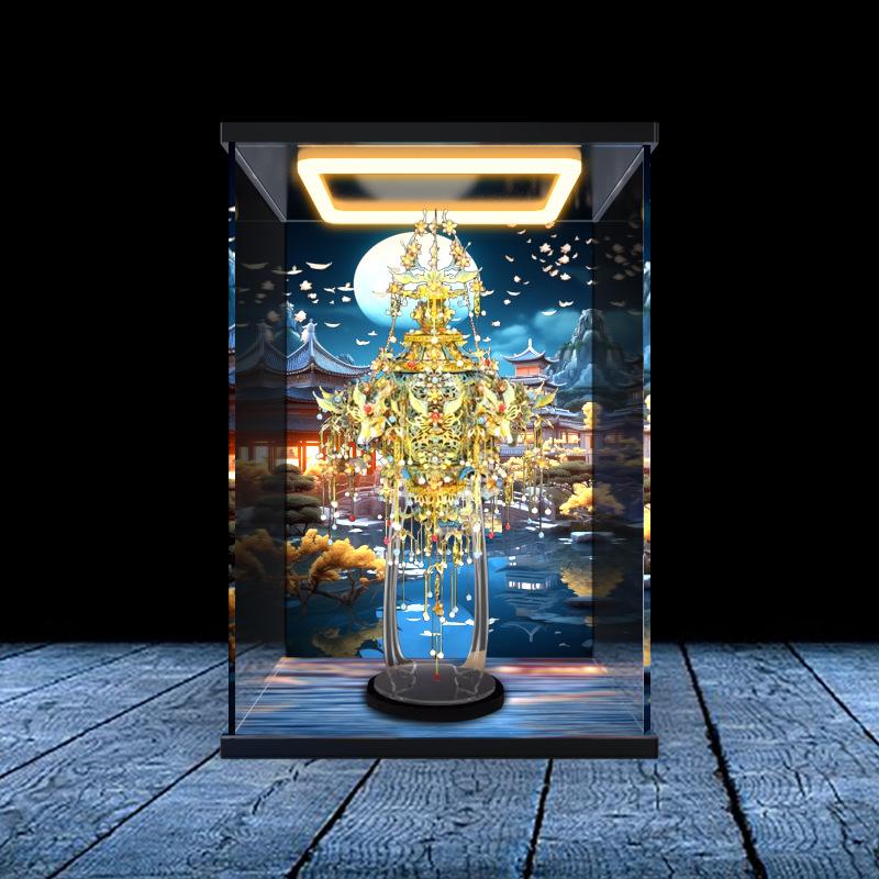 适用拼酷非遗-中秋无骨花灯3D立体模型防尘罩亚克力回形灯收纳盒