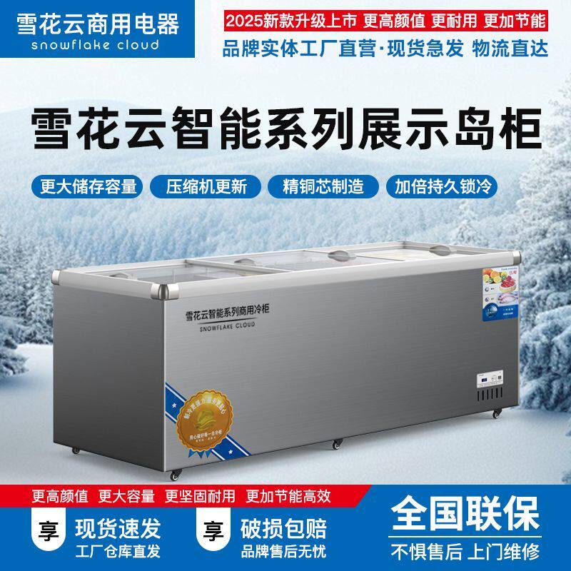 雪花云冰柜铜管玻璃门大容量卧式岛柜冷藏冷冻超市展示柜商用冷链