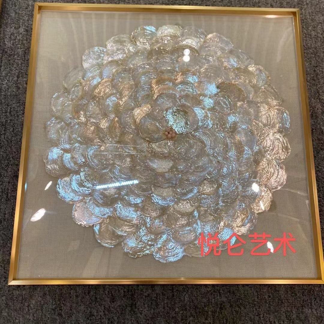 贝母装饰画复古贝壳三联画玄关挂画客厅轻奢大气艺术软装壁画有框图片