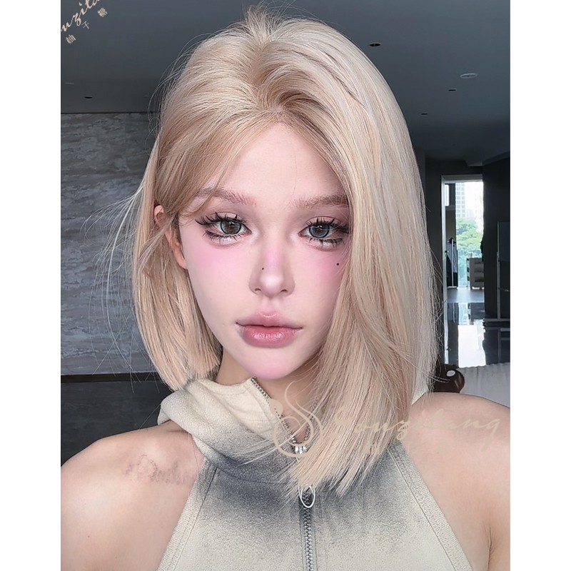 英伦girl短直发加大头皮白金假发女自然中分短发全头套-小圆团