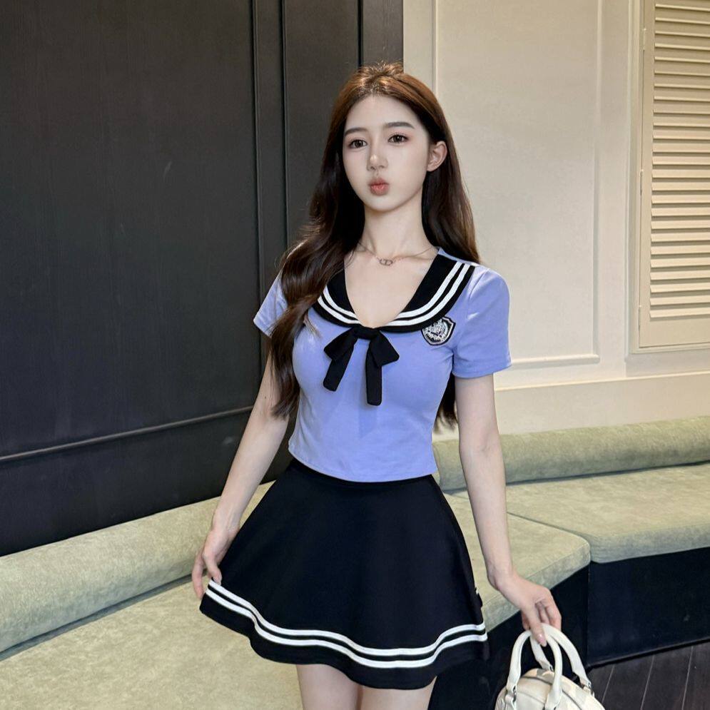 新款学院套装夏季jk制服短袖海军衬衫辣妹减龄高腰上衣两件套短裙