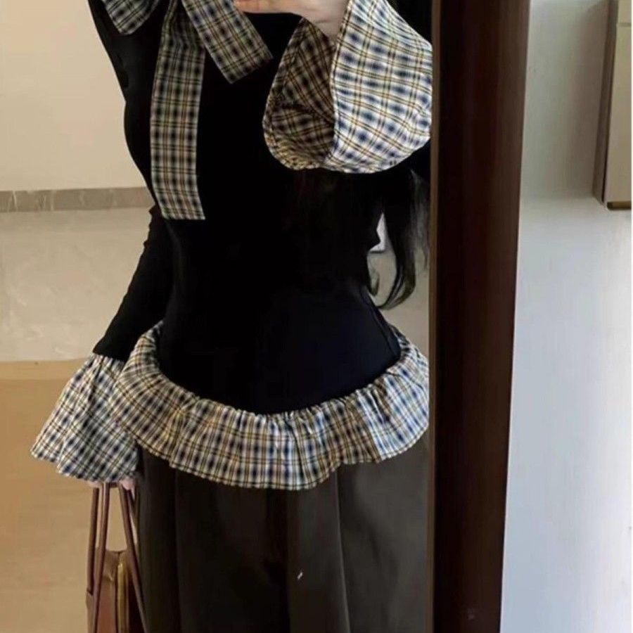 德绒格子两件拼接格纹黑色打底别致设计新款显瘦T恤修身长袖上衣