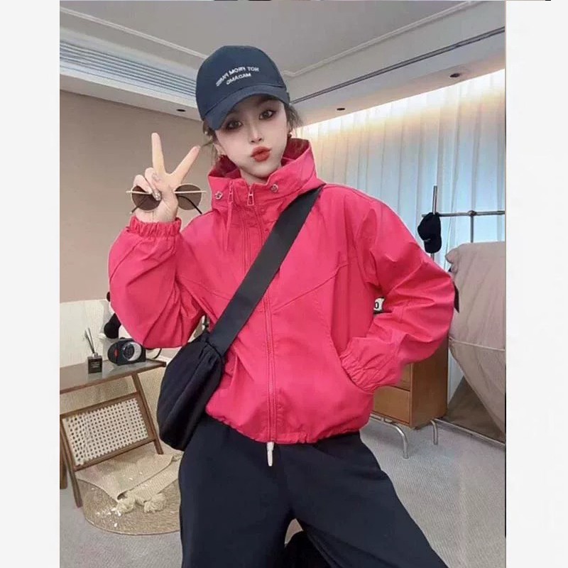 双拉链女款连帽春秋7ins纯色短款休闲拼接防风韩版短外套2502