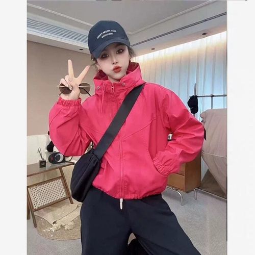 双拉链女款连帽春秋7ins纯色短款休闲拼接防风韩版短外套2502