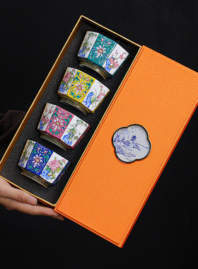 珐琅彩青花陶瓷主人杯单杯品茗杯茶盏茶具泡茶杯满彩整套八方杯