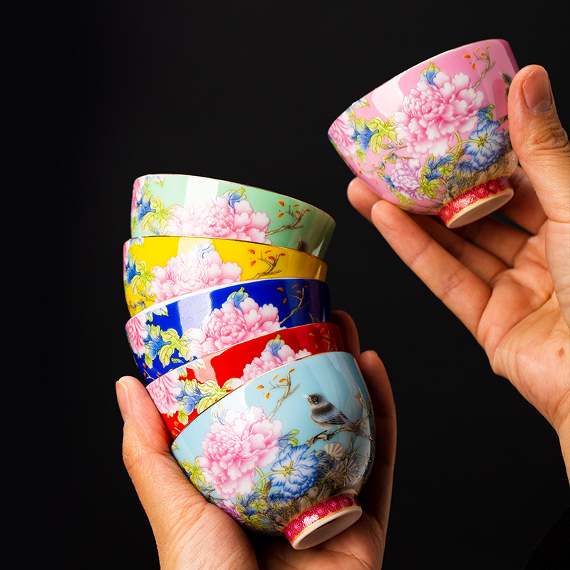 万花珐琅彩复古扒花陶瓷功夫茶杯套装青花杯单杯精致小茶杯子家用