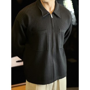 毛衣上衣秋冬 宽松男士 简素Design绵羊毛拉链肌理针织短款 外套开衫