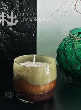木出南洋复古Di@r软装绿色琥珀色蜡烛台香薰摆件样板间轻奢文艺