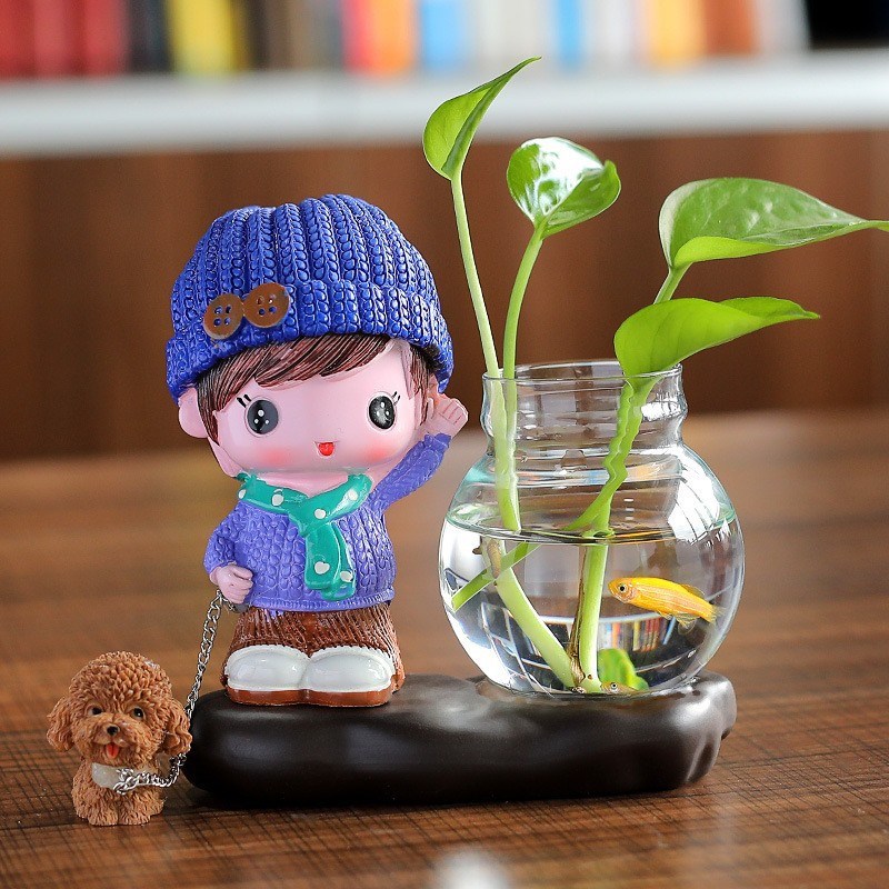 创意精致免打理餐桌生态小鱼缸客厅小型2024新款卡通情侣娃娃摆件