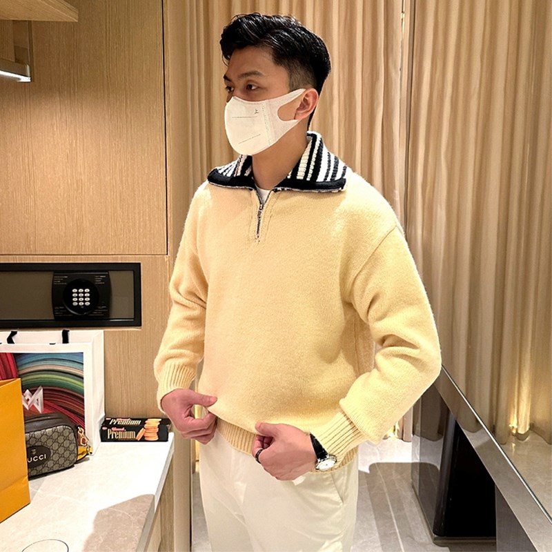 英伦复古男装加厚保暖上衣羊毛衫男时尚高级拼接翻领毛衣男款冬季