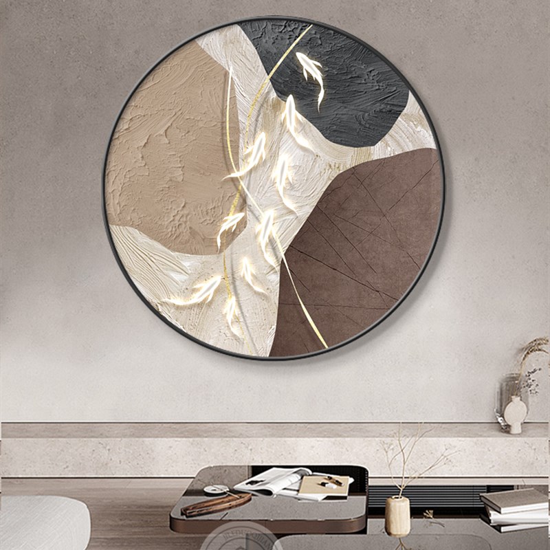 侘寂风九鱼图入户玄关装饰画圆形餐厅挂画客厅壁画新中式招财锦鲤图片