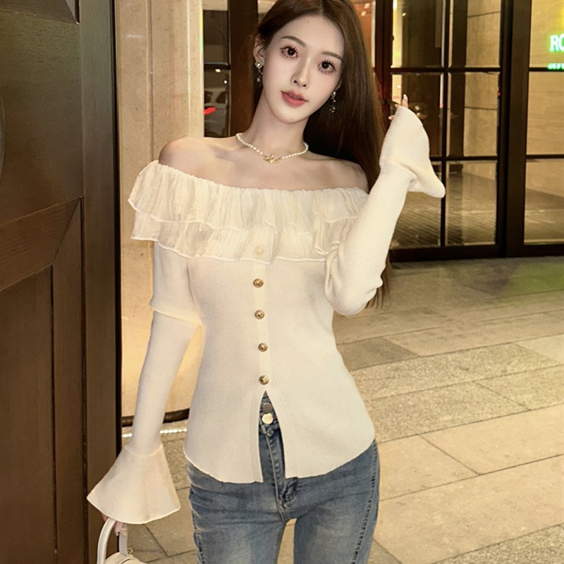 一字肩喇叭袖毛衣女打底衫内搭秋冬修身短款长袖针织衫荷叶边上衣