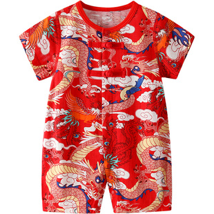 红色连体衣婴儿短袖夏季宝宝满月衣服百岁宴中国风周岁礼服男薄款
