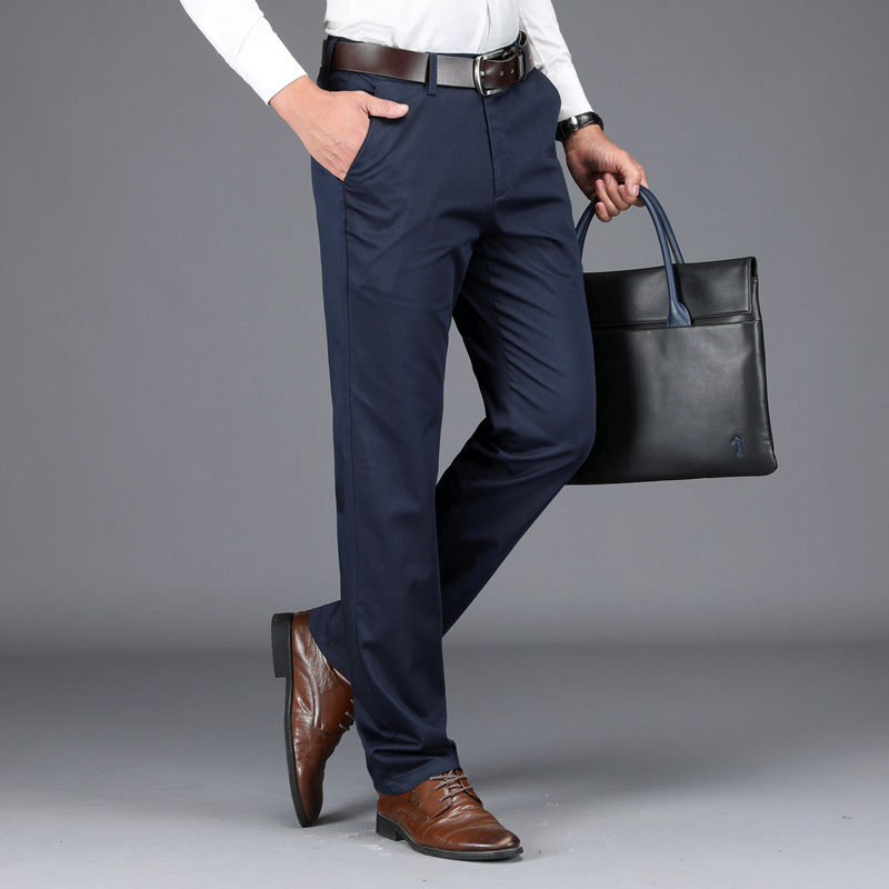 老爷车男士休闲裤中年男裤子纯白色免熨烫直筒秋冬厚款弹力棉长裤