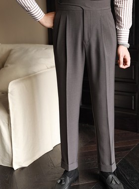 休闲高腰直筒西裤男秋季商务免熨烫弹性长裤那不勒斯灰色垂感西装