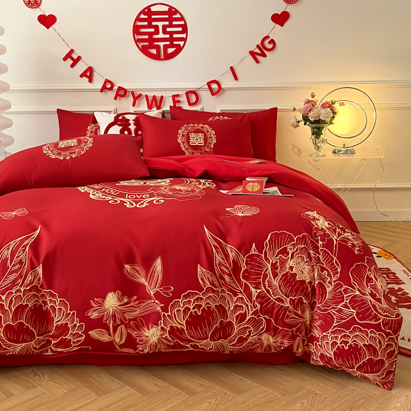 婚庆四件套纯棉大红色高级感被套床单全棉新婚房喜被结婚床上用品