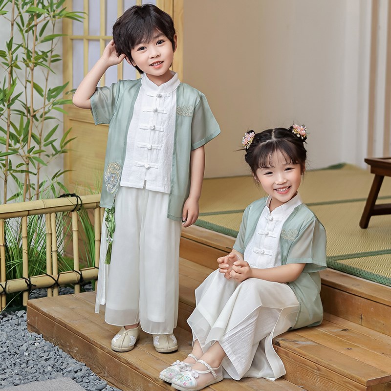 男童汉服夏季薄款短袖中国风古装男孩唐装女大童亲子装民族演出服