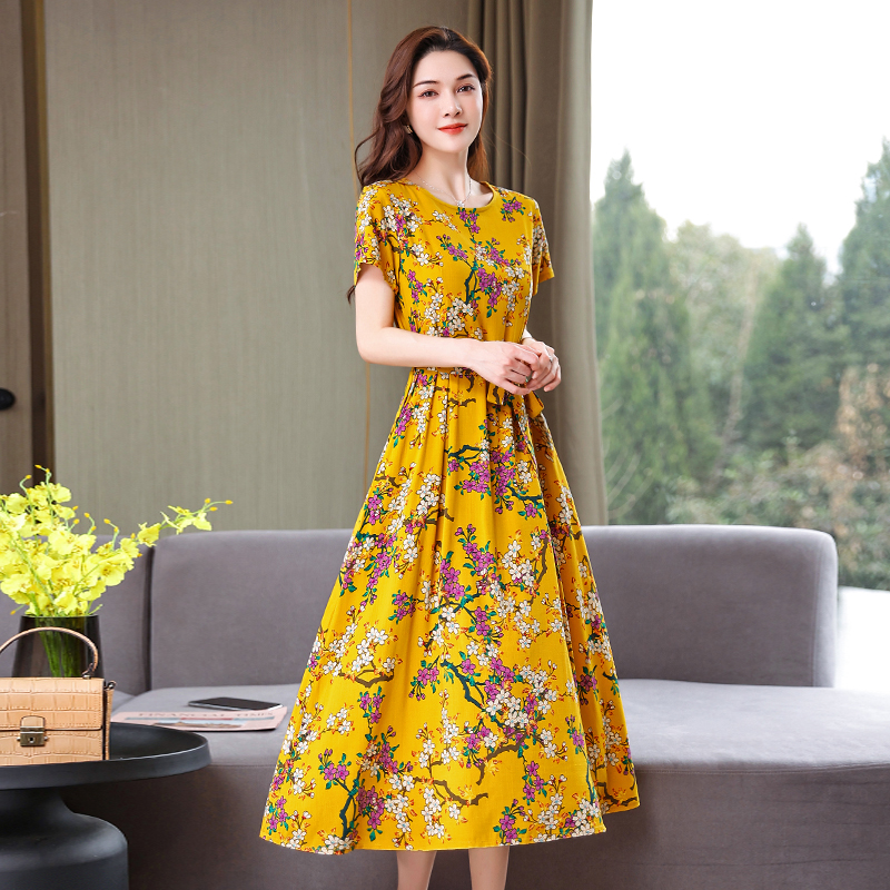 气质纯棉绸连衣裙女2021年新款中年妈妈夏装大码中老年绵绸长裙子