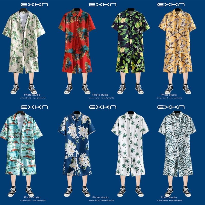 复古短袖衬衫套装男夏季薄款宽松大码花衬衣海边度假旅游沙滩短裤,男装,休闲运动套装,淘宝优惠券,粉丝福利购,淘宝优惠卷