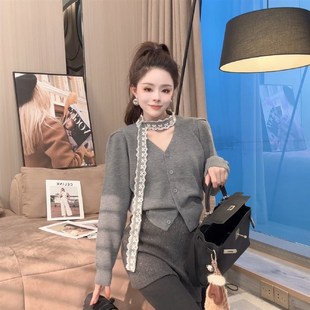 灰色V领b蕾丝挂脖飘带毛衣开衫 针织外套上衣 女秋冬小个子修身 短款