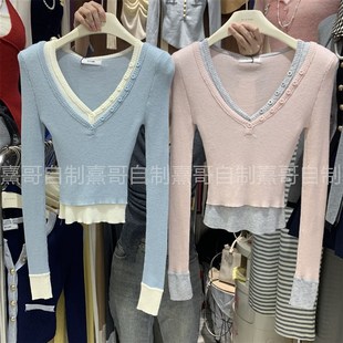秋冬新款 纯欲甜美辣妹V领假两件撞色设计感针织衫 正W肩上衣打底衫