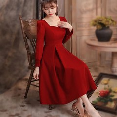 敬酒服新娘2024新款秋冬季中式订婚礼服回门长袖平V时可穿连衣裙