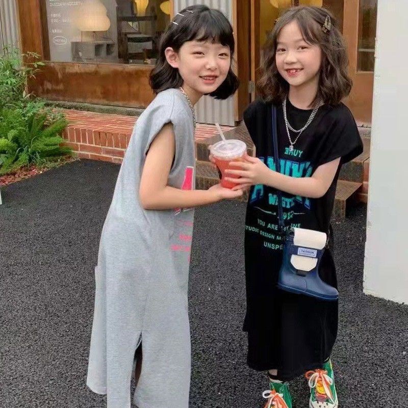 女童纯棉T恤裙长款连衣裙母女2023夏季宽松开叉印字W母韩系亲子装