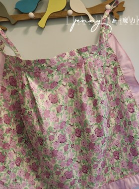 夏日新款襜裳手工围裙紫色玫瑰棉布花边少N女心围腰家居工作围兜