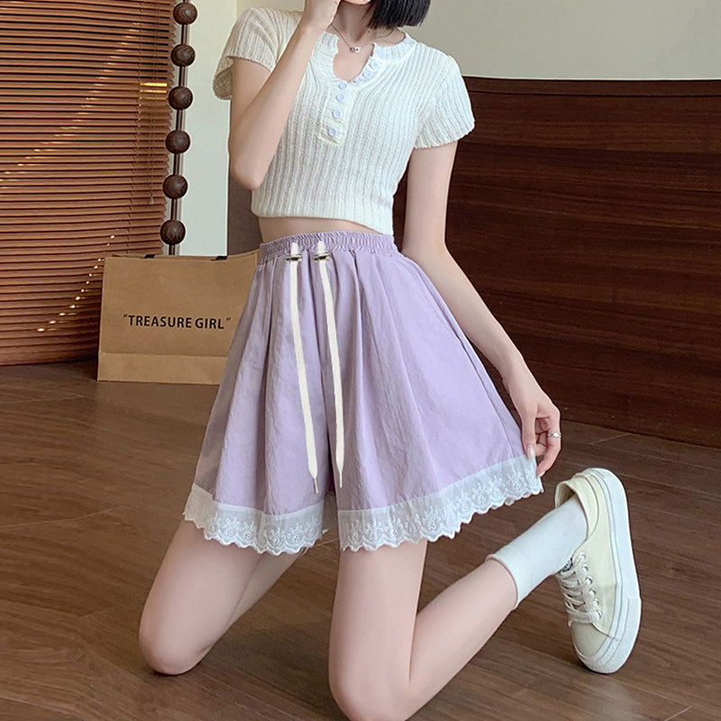 孕妇短裤外穿2024新款夏季紫色无托腹抽绳系带宽松蕾丝花边阔腿裤,孕妇装/孕产妇用品/营养,孕妇打底裤,淘宝优惠券,粉丝福利购,淘宝优惠卷