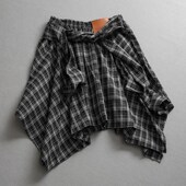 格子松紧腰系带显瘦高腰屁帘叠穿假两件不规则半身裙女裙短裙L480