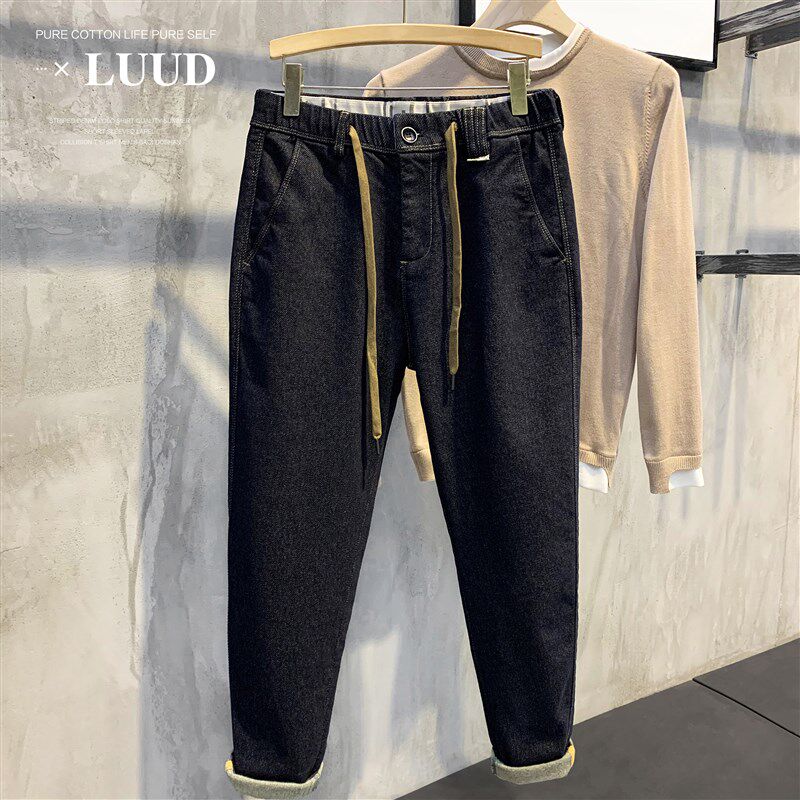 LUUD 秋冬工装复古港味牛仔裤系带休闲小脚长Q裤潮男帅气薄款裤子