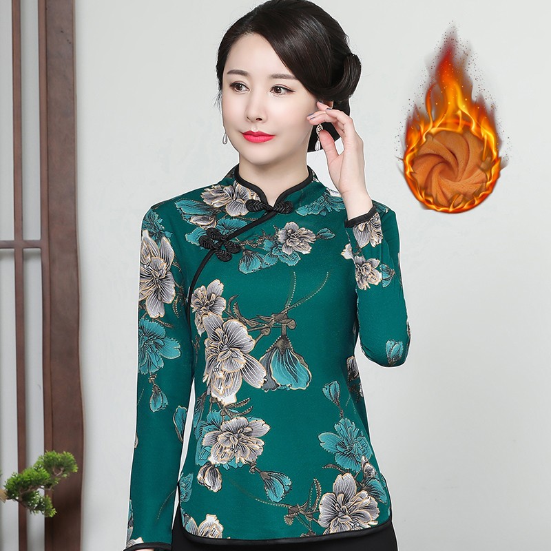 妈妈秋冬中式改良旗袍上衣女长袖加绒加厚复古盘扣唐装T恤打底衫