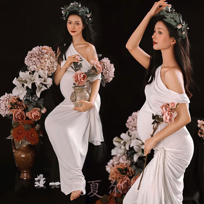 影楼写真主题孕妇照摄影服装新款简约缎面白色法式轻纱斜裁连衣裙,孕妇装/孕产妇用品/营养,影楼服装,淘宝优惠券,粉丝福利购,淘宝优惠卷