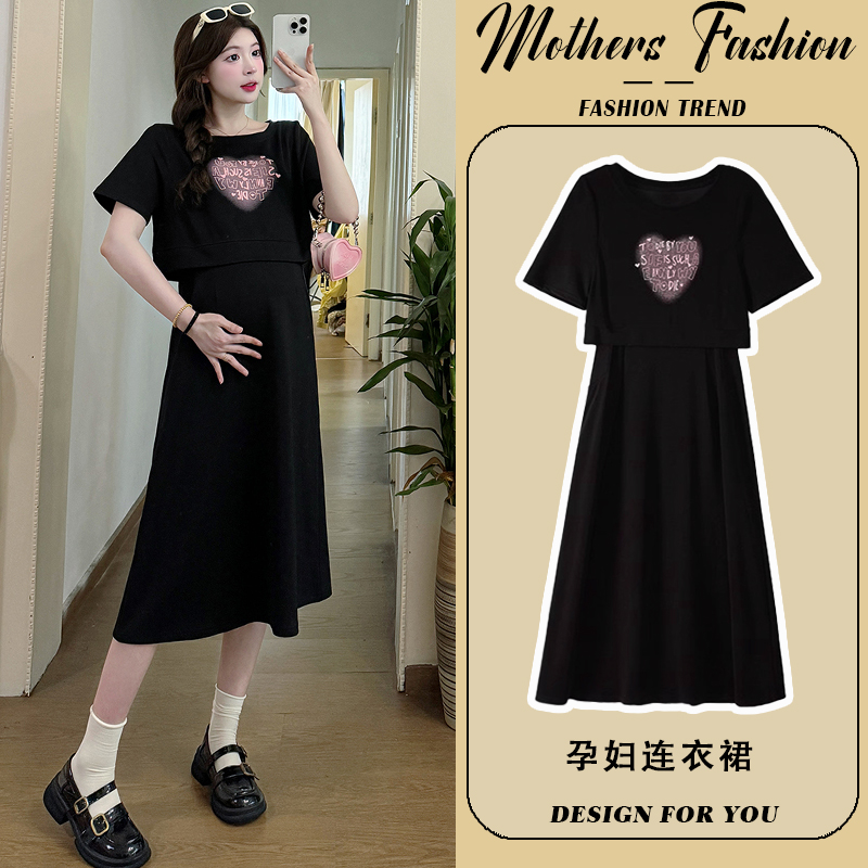 孕妇连衣裙2024新款夏季韩版休闲宽松显瘦黑色短袖薄款圆领中长款