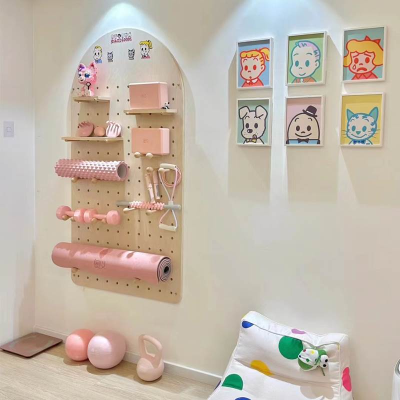 健身实木洞洞板墙上设备器材收纳置物架墙面家用瑜伽运动展示架