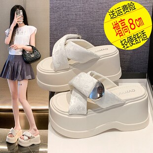夏季超火国风绝美l凉拖鞋女8cm厚底增高配裙子时尚百搭松糕一字拖