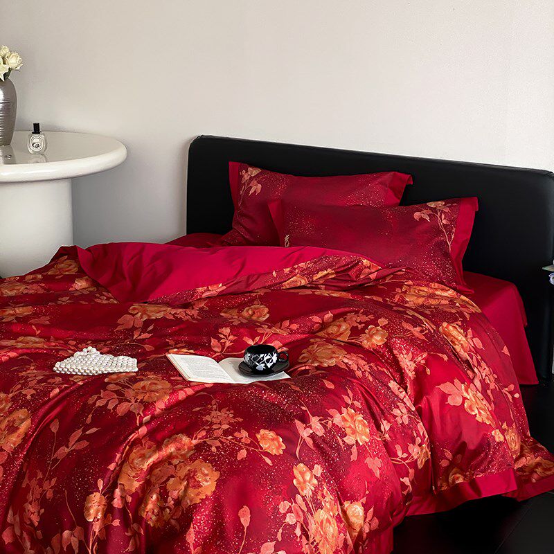 100红色婚房长绒棉四件套 数乔迁码印花纯棉被O套床单1.8m床品结