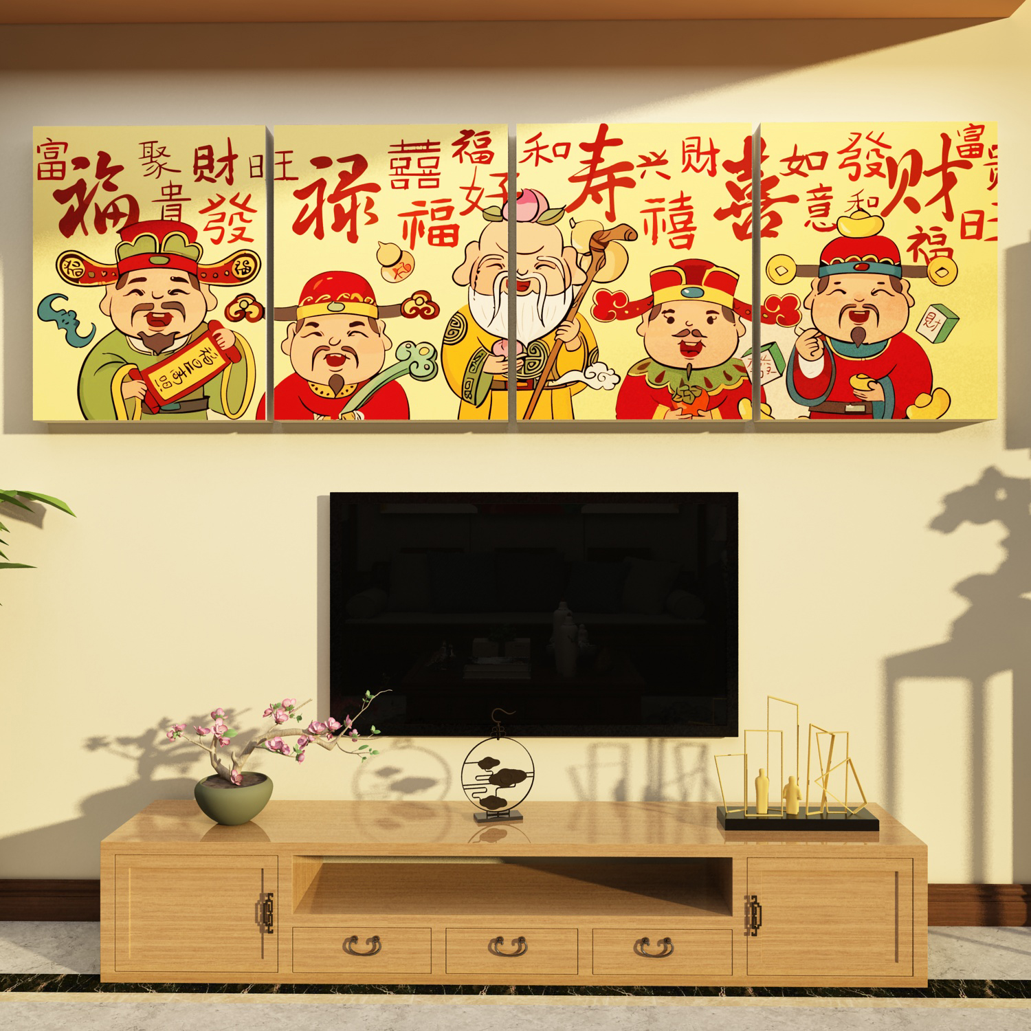 五福临门五路财神爷玄关装饰画福禄寿G喜财门口贴纸电视背景墙挂