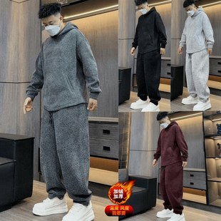 休闲运动.卫裤 秋冬季 潮牌宽松大码 加绒加厚连帽卫衣套装 两件 男士